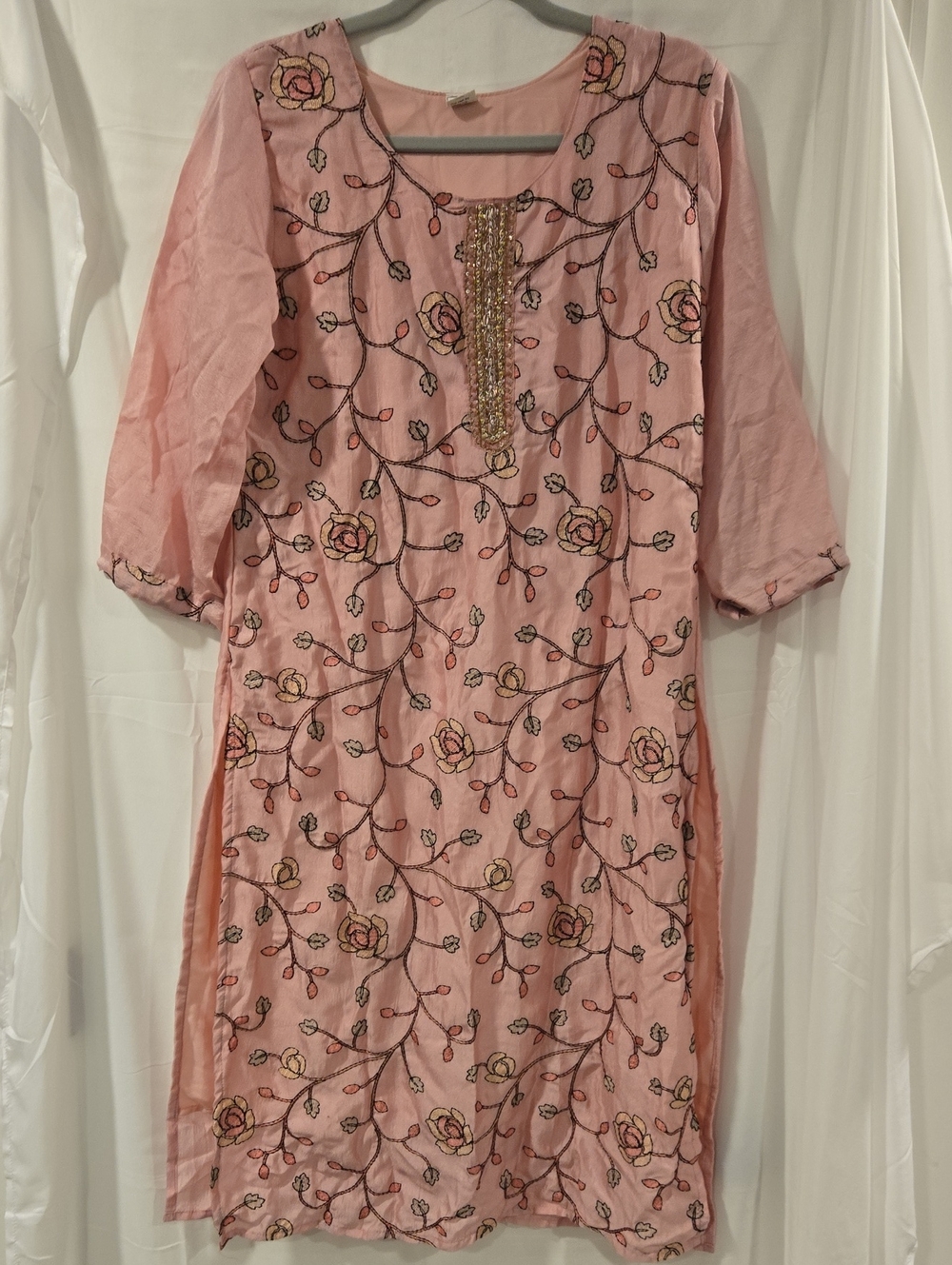 ShArifa Pink Floral Embroidered Kurta Tunic with Beaded Neckline